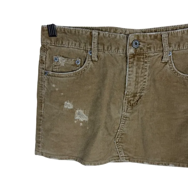 American Eagle Khaki Corduroy Distressed Mini Skirt Size 4 Frayed Hem Y2K Boho - Image 2