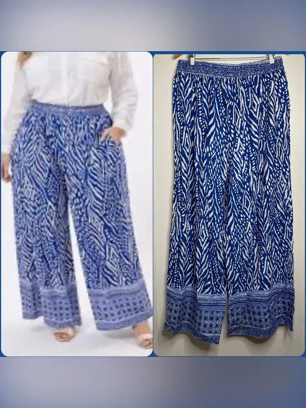 Millenium Wide Leg Pull On Pants Blue White Size 3x Rayon Resortwear Vacation - Image 2