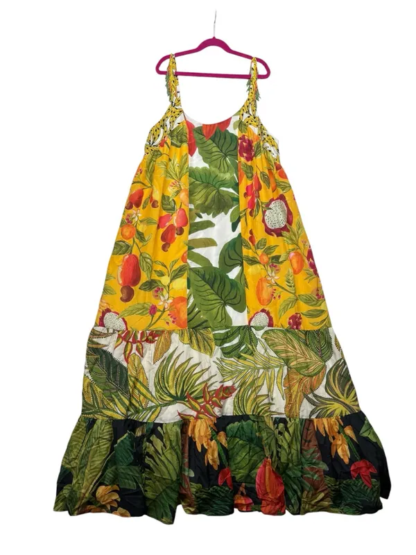 Farm Rio size medium mixed prints Tropical Yellow Floral Maxi Dress beaded - Image 2