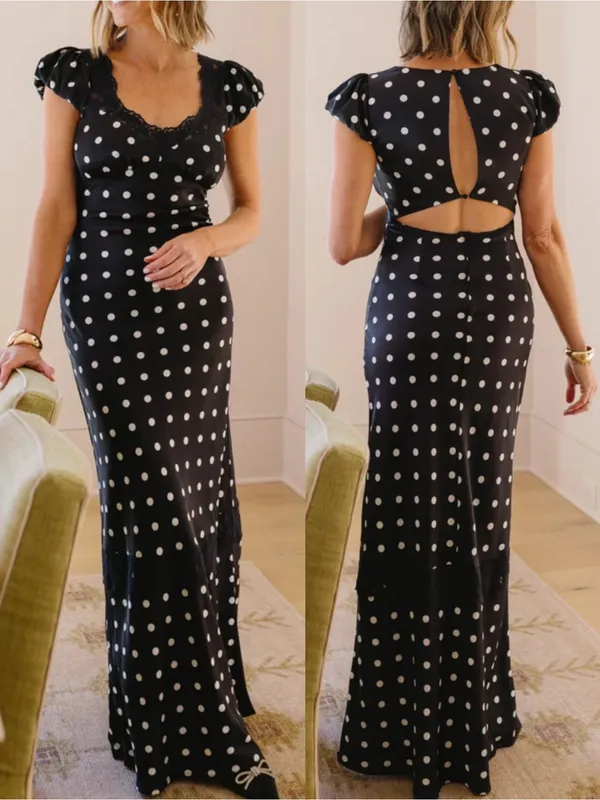 Vestique Mariselle Maxi Dress Polka Dot Lace Puff Sleeve Black White Satin - Image 2