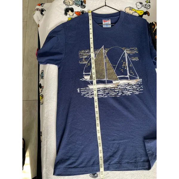 Vintage 90s Gold Glitter SAILBOATS Single Stitch T-SHIRT M Made In USA hanes - Image 7