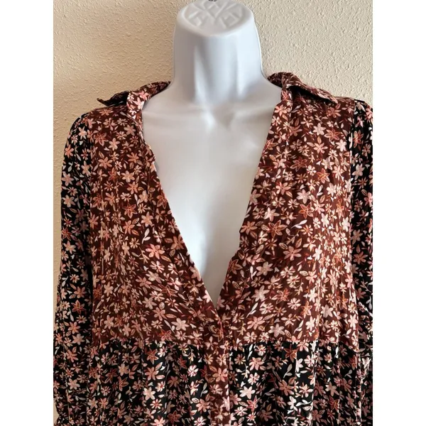 Zara Floral Print Patchwork Boho Maxi Shirt Dress Balloon Sleeves‎ Size S - Image 5