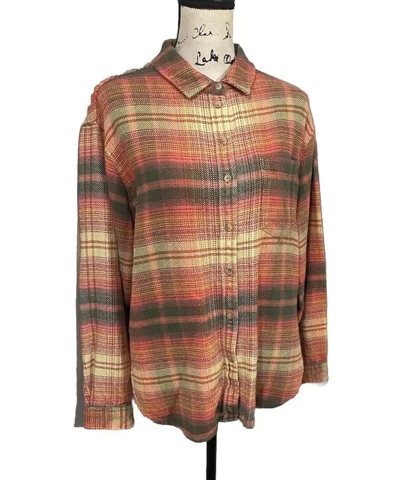 American Eagle Green Orange Plaid Fleece Flannel Oversized Button-down Shirt XS - Image 7