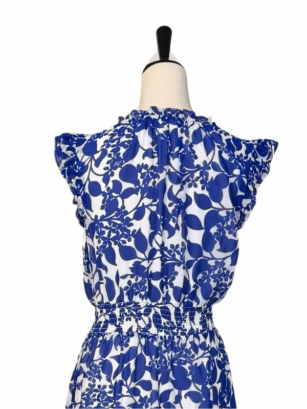 Sugar Lips Midi Dress Size M Floral Ruffle Smocked Tiered Blue White Tie Neck - Image 9