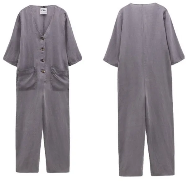 ZARA Lillian Gray Linen Jumpsuit Button-Down Linen Romper Women’s Size Medium - Image 4