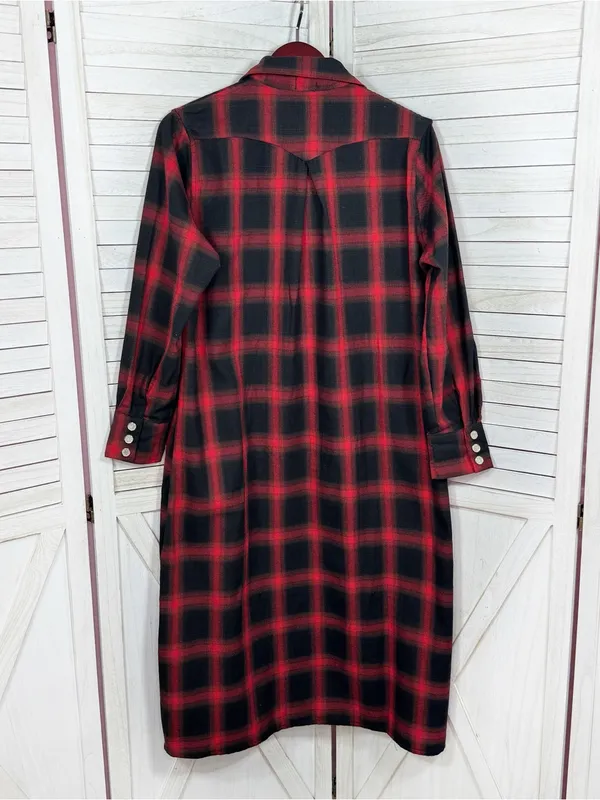 L&S‎ Plaid Snap Front Midi Duster Shirt Dress Shacket Red Black XL Western Boho - Image 8