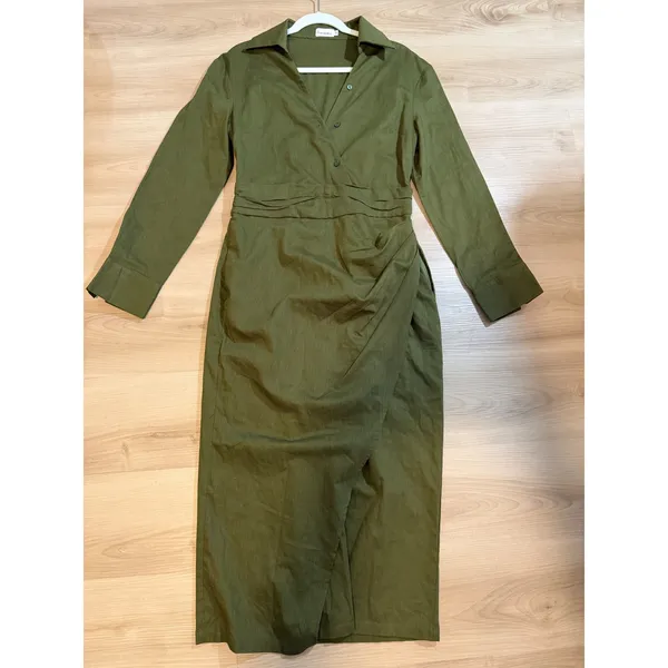 MODESEES Dress Olive M Womens Ruched Faux Wrap‎ Long Sleeve Midi Modest - Image 13