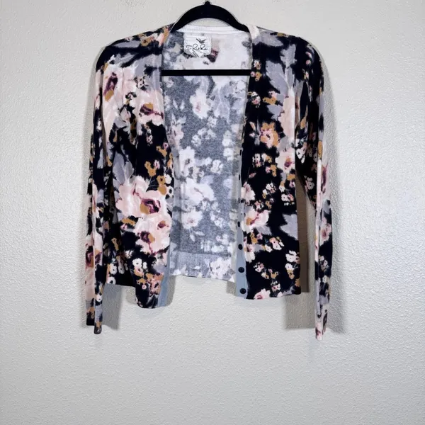 Anthropologie Tabitha Black Pink Floral Print Cardigan Sweater Womens S Buttons - Image 7