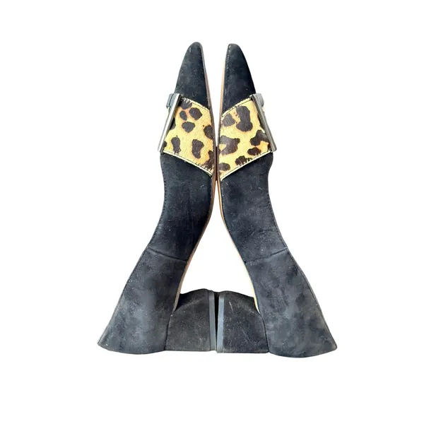 Franco Sarto Size 8 Black Suede Pumps Leopard Calf Hair Buckle Pointed Toe Heels - Image 4