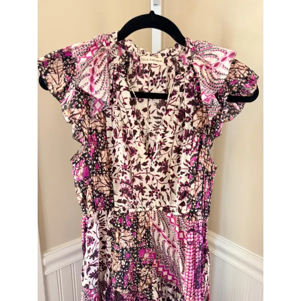 Ulla Johnson Asis Midi Dress Cotton Silk Batik Floral Tiered Purple Fuchsia 0 - Image 12