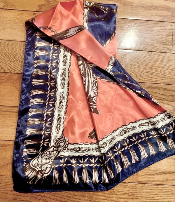 Vintage Large Antique Bells &Tassels blue/orange SQUARE SILKY SCARF 35/35 - Image 10