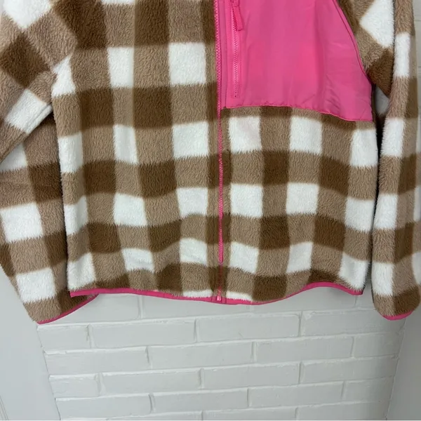 J.Crew Tan & White Check Plaid Fleece Zip Up Jacket Size M - Image 6