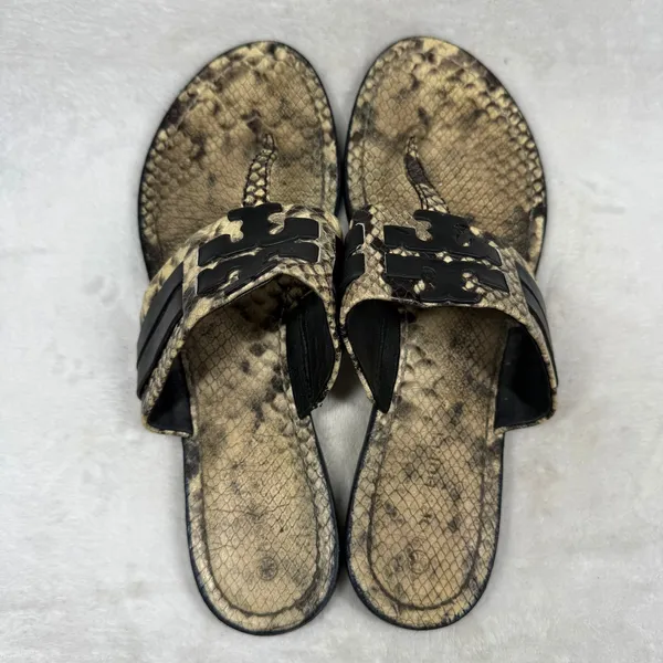 Tory Burch Miller Thong Sandals Snakeskin Print Leather Black Logo 9.5M 8099 C20 - Image 3