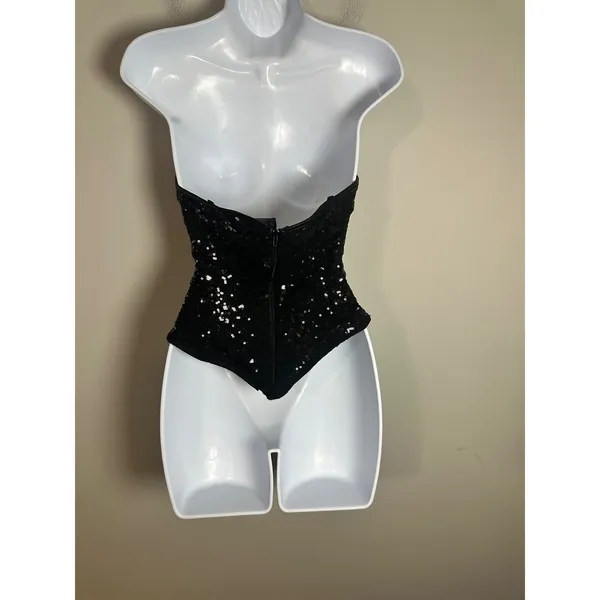 Leg Avenue Women Black Sequin Corset Top Sweetheart Neck Medium Strapless Zipper - Image 4