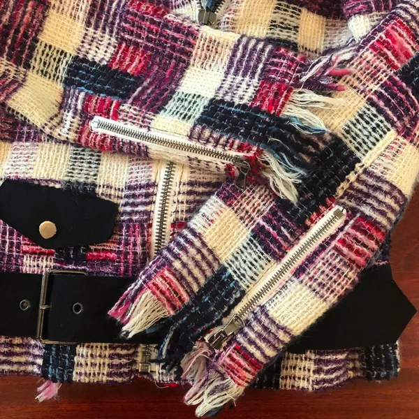 MSGM Plaid Moto Jacket Metallic Black Pink Purple Size 4 - Image 7