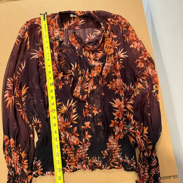🍁 Warm New York‎ Floral Semi Sheer Neck Tie Blouse Burgundy Long Sleeve Elastic - Image 12