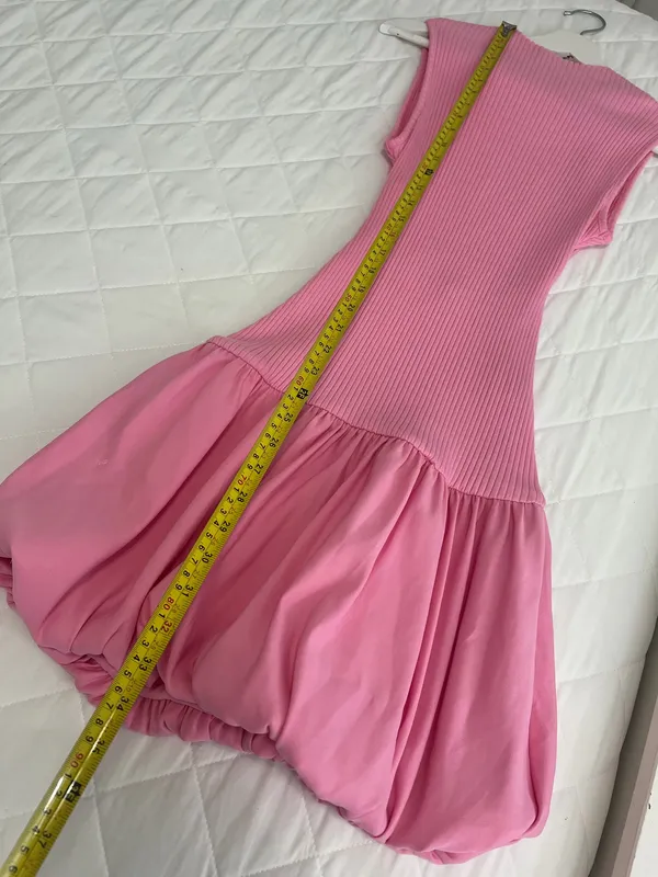 ZARA Pink Bubble Hem Mini Dress M Ribbed Open Back Drop Waist Girly Coquette Y2K - Image 4