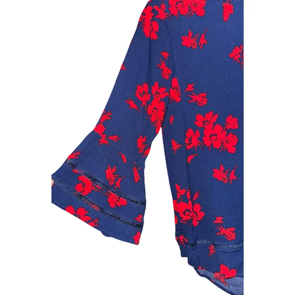 John Mark Floral Bell Sleeve‎ Top Women's Medium Navy Blue Red July Lattice Lace - Image 2