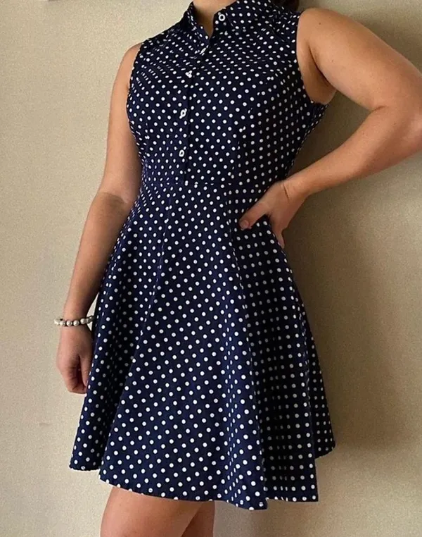 Nordstrom retro 60s style navy blue polkadot flare dress - Image 3