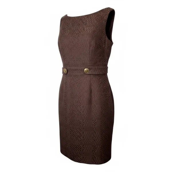 Milly Bark Brown Textured Sheath Dress Womens 8 Gold‎ Button Open Back Mod NWT - Image 2