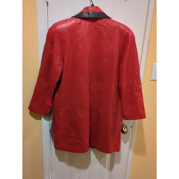 Tibor Womens Leather Coat Jacket Trench 80s Medium Red Long Vintage Korea - Image 10