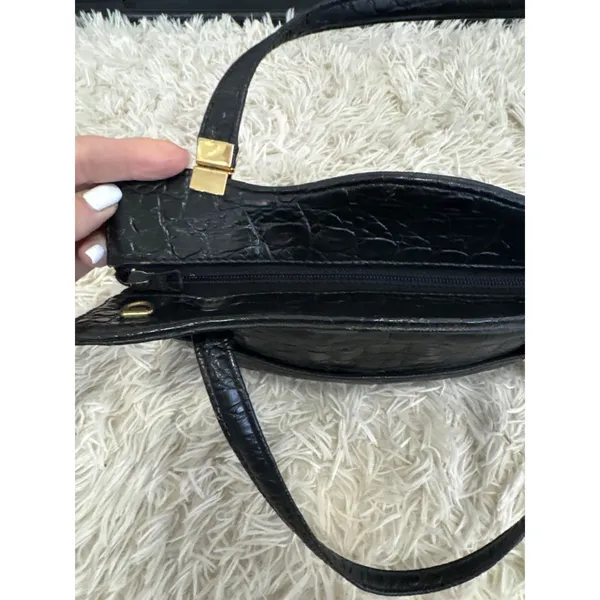 Vintage Black Embossed‎ Crocodile Texture Top Handle Handbag Gold Hardware Women - Image 8