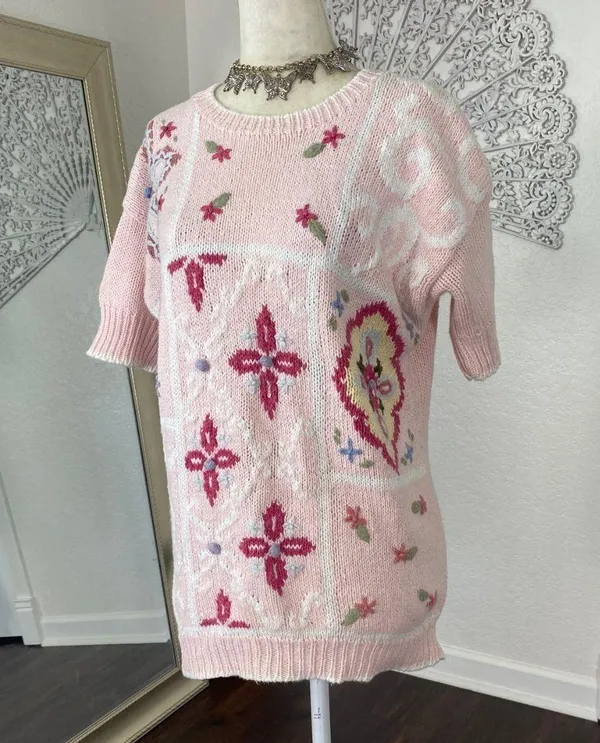 Vintage Light Blush Pink Boho Coquette Knitted Knit Shortsleeve Sweater Top M - Image 2