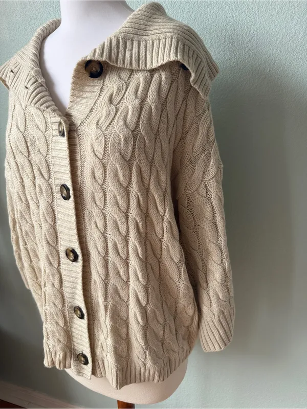 Ann Taylor Cream Cable-Knit Button Cardigan - Image 3