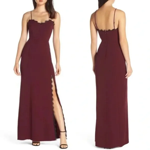 Wayf The Mia Lace Trim Front Slit Gown In Cabernet red burgundy black size XS - Image 2