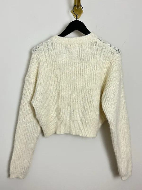 Nordstrom Open Edit Fuzzy Crewneck Cardigan in Ivory Size Small - Image 6