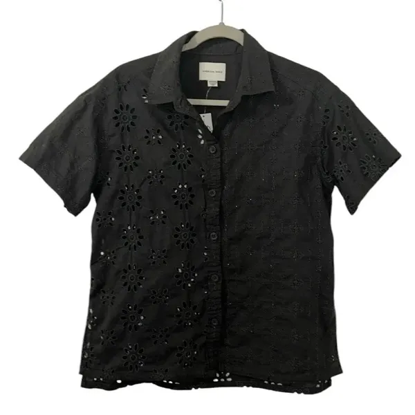 American Eagle Outfitters Black Eyelet Button Down Top(Size XS) - Image 2