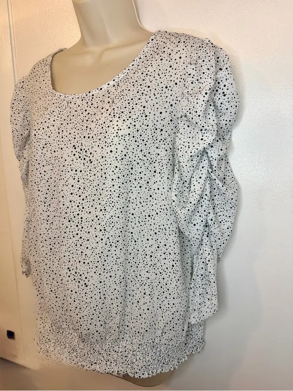 Adrianna Papell Polkadots Print Smocked 3/4 Sleeve Blouse White Black M - Image 5