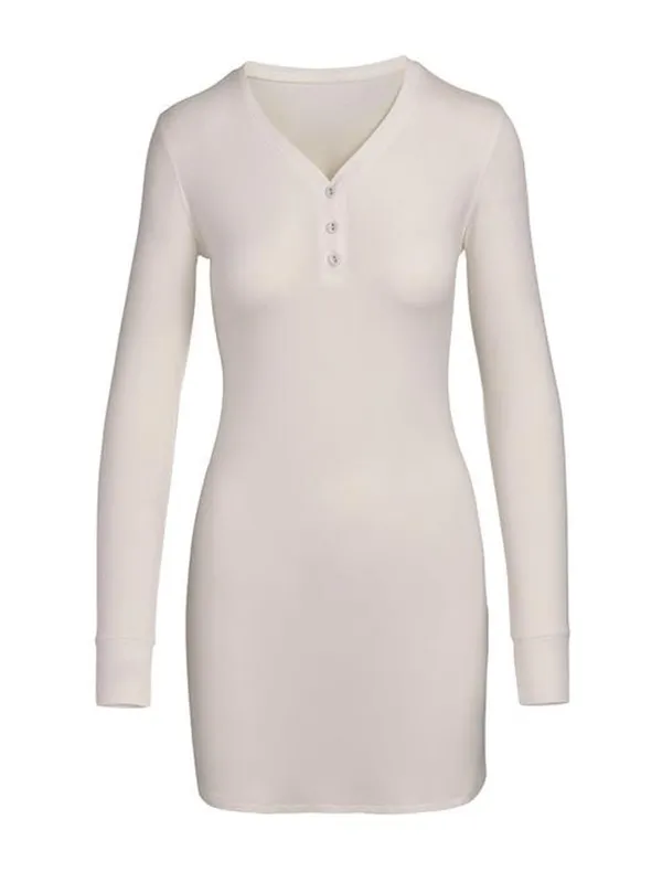 SKIMS Bone Long Sleeve Henley Sleep Lounge Mini Dress Size Large - Image 2