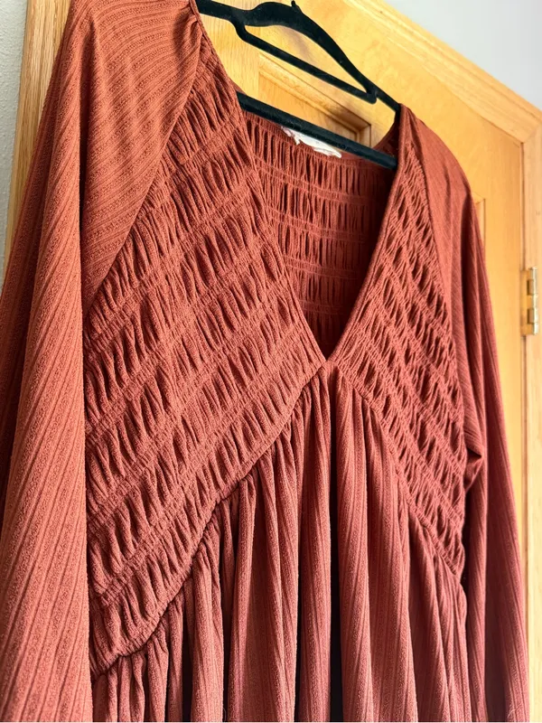 Altar’d State Smocked V-Neck Tiered Ruffle Mini Dress Rust Brown Orange Boho M - Image 3