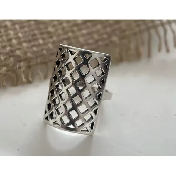 Solid Statement Ring White Gold Plated Sterling Adjustable‎ Lattice Wide Band - Image 12