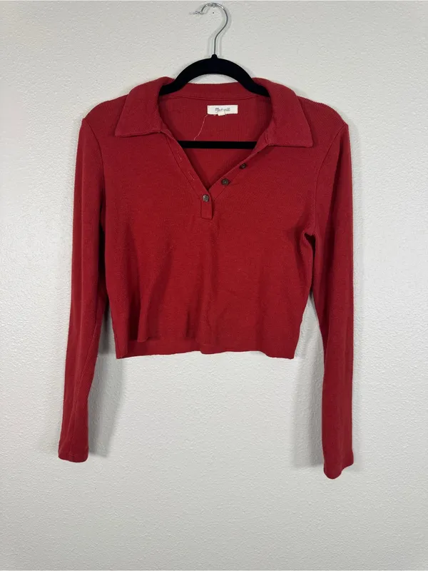 Madewell Red Ribbed Copped Henley Sweater Womens XS Casual Fall Long Sleeve - Image 6