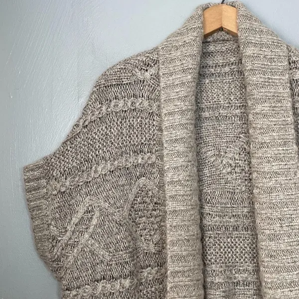 Lagenlook One Size Gray Chunky Cable Knit Wool Cardigan Cozy Minimalist Boho - Image 3
