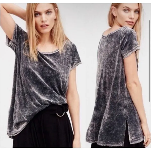 Free People Doran Velvet Grey Short Sleeve Tunic Top‎ Oversized Size Small - Image 2