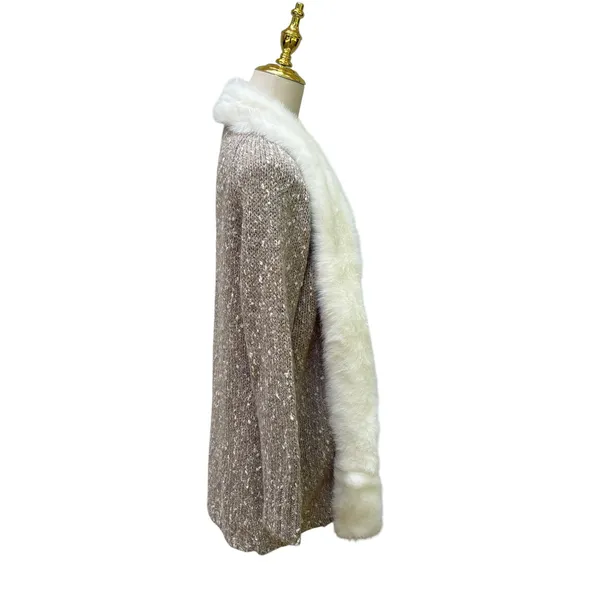 Donna Salyers Fabulous-Furs Cardigan S Tan Cream Faux Fur Trim Mob Wife Textures - Image 5
