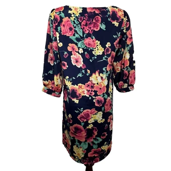 Everly Floral Shift‎ Dress Womens Medium Navy Blue Pink Elbow Sleeve Mini D5488 - Image 2