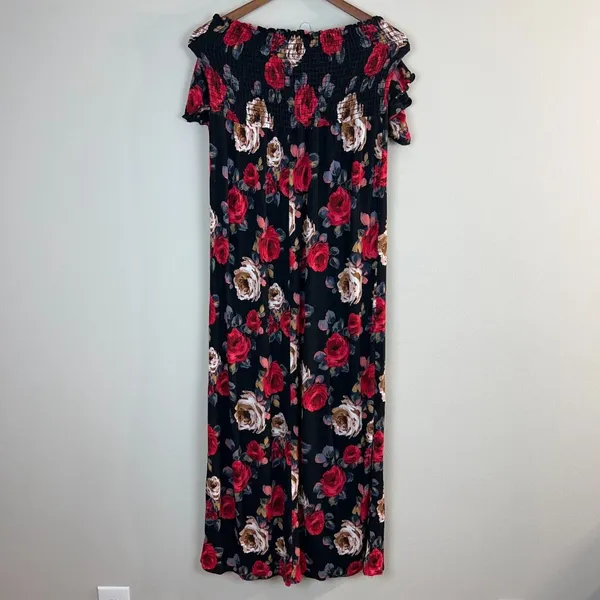 Altar'd State Maxi Dress S Black Red Rose Floral Smocked Off The Shoulder Boho‎ - Image 6