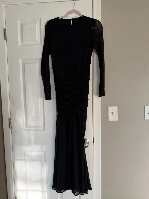 Black Bodycon Ruffle Sheer Sleeve Long Maxi Dress Event Date Night - Image 2
