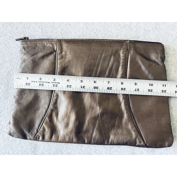 Vintage Leather Clutch Metallic Brown Zip Purse 80s Minimalist Bag Retro - Image 8
