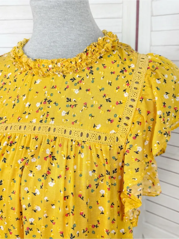Loft Floral Flutter Sleeve Ruffle‎ Collar Blouse Top Yellow Small Cottageore - Image 5