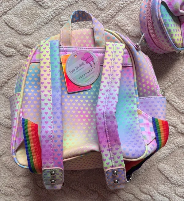 Under One Sky Girls Mini Backpack & Coin Purse - Pastel Rainbow Colors W/ Hearts - Image 4