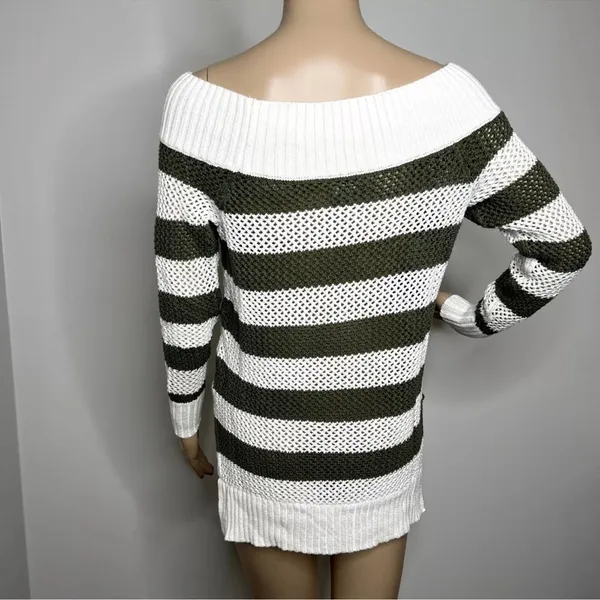 Aerie Green & White Striped Off Shoulder Knit Sweater Medium Cozy Boho Coastal - Image 4