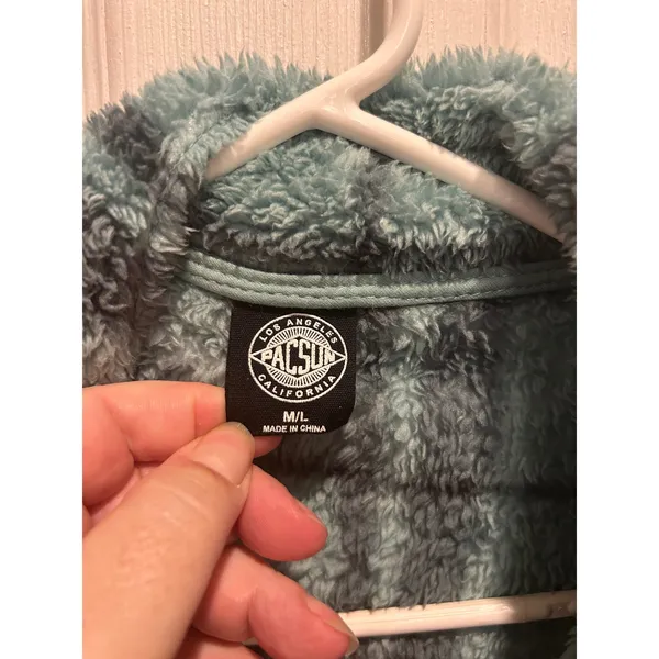PacSun Plaid Sherpa Shacket Teal Blue Black Button Up Faux Fur Jacket M/L - Image 3