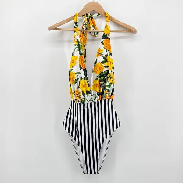 Cupshe Floral Striped One‎ Piece Halter Swimsuit NWT Yellow White Black MEDIUM - Image 2
