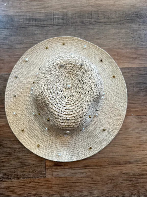 American Exchange Pearl & Gold-Studded Beige Straw Sun Hat - Image 2