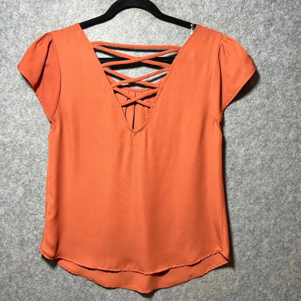 Paper Moon Womens Burnt Orange Lattice Back Tulip‎ Sleeve Blouse Size M - Image 6